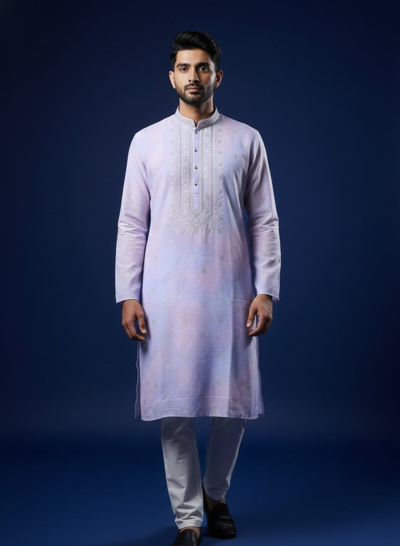 Lavender Embroidered Cotton Kurta Set for Men — Kurta Sets | Lehar Clothing UAE