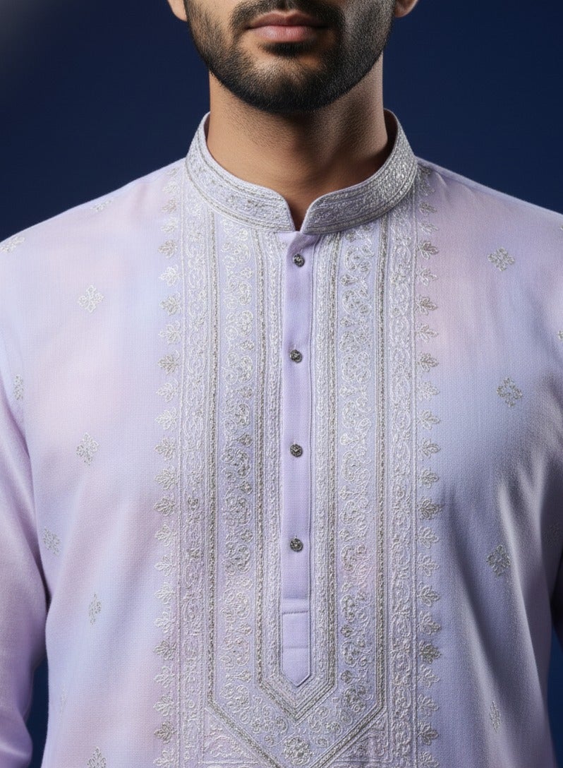 Lavender Embroidered Cotton Kurta Set for Men — Kurta Sets — view 2 | Lehar Clothing UAE
