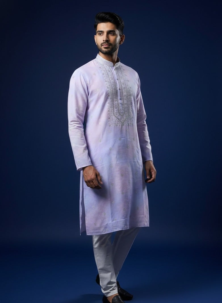 Lavender Embroidered Cotton Kurta Set for Men — Kurta Sets — view 3 | Lehar Clothing UAE