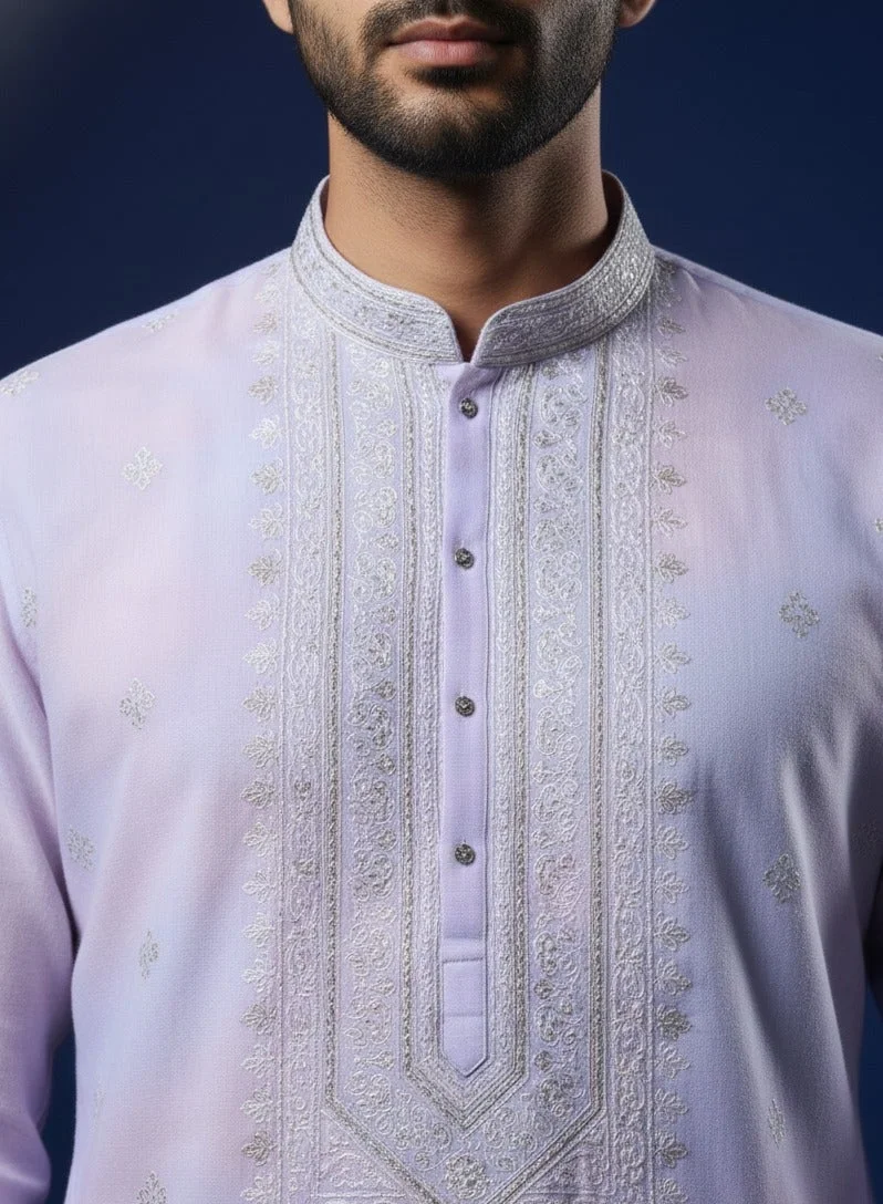 Lehar Lavender Embroidered Cotton Kurta Set for Men
