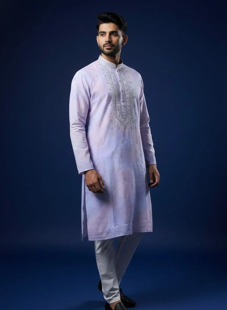 Lehar  Lavender Embroidered Cotton Kurta Set for Men for Men | Best Price UAE