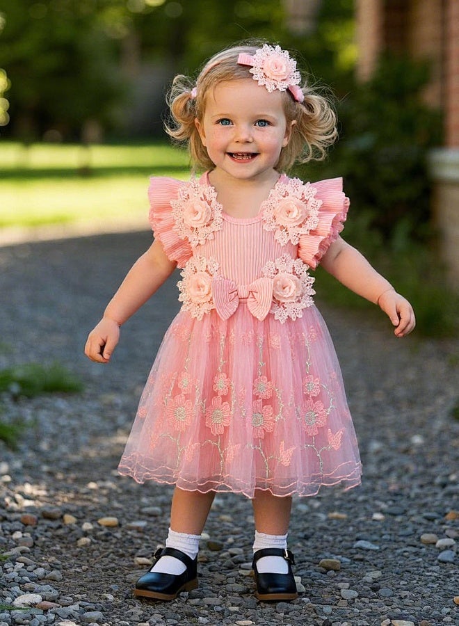 SoftTouch Baby Girl Princess Romper Dress, Toddler Casual Bowknot Bodysuit, Toddler Flowers Lace Clothes with Headband, Princess Costume for 3-6 Months Babies - Image 3