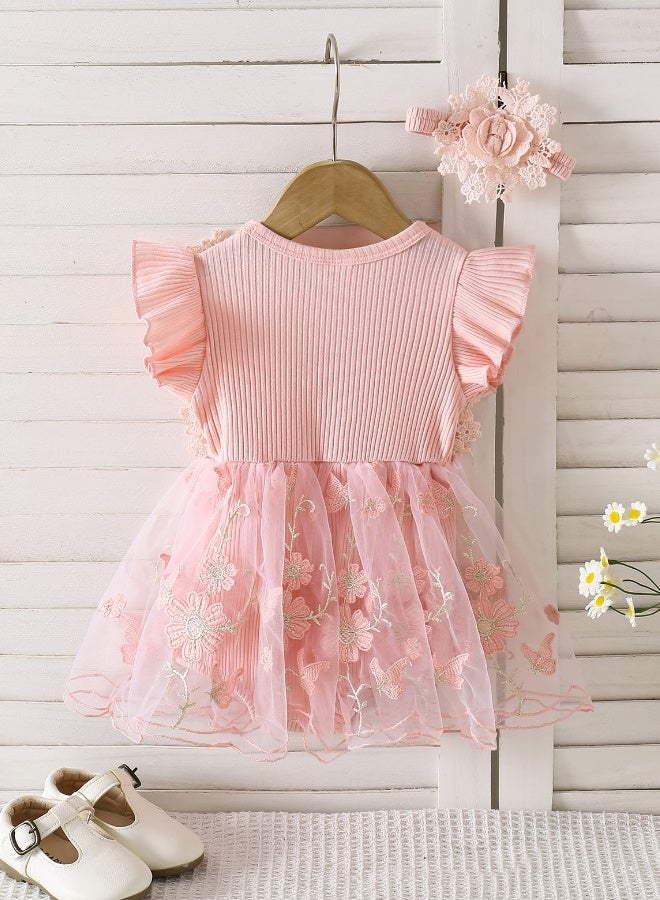 SoftTouch Baby Girl Princess Romper Dress, Toddler Casual Bowknot Bodysuit, Toddler Flowers Lace Clothes with Headband, Princess Costume for 3-6 Months Babies - Image 5