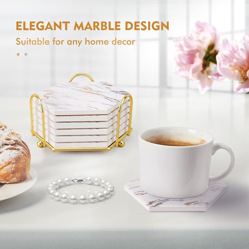Geichan Marble Coasters for Drinks Absorbent with Cork Base, 6pcs Drink Coasters for Wooden Table with Metal Holder, Gold Ceramic Cup Coaster Set Home Decor for Housewarming (Luxury White Gold Marble 07) - Image 3