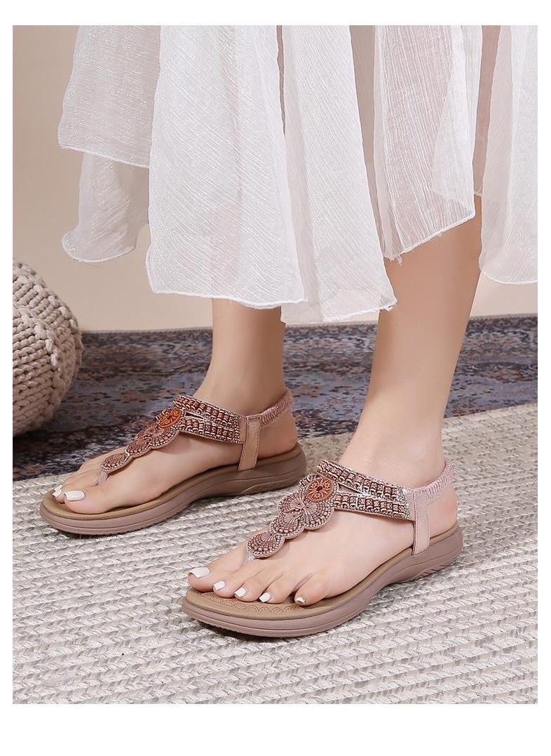 NIBEMINENT Simple Casual Flat Bottom Women's Sandals Crystal Decorated Large Size Toe Post Shoes Comfortable Breathable Summer Sandals  - Image 3