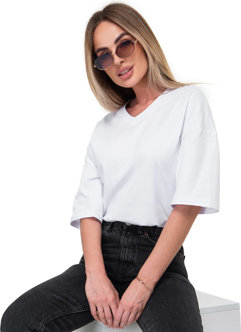 Happyfox Cotton Women's V-Neck Oversize T-Shirt White