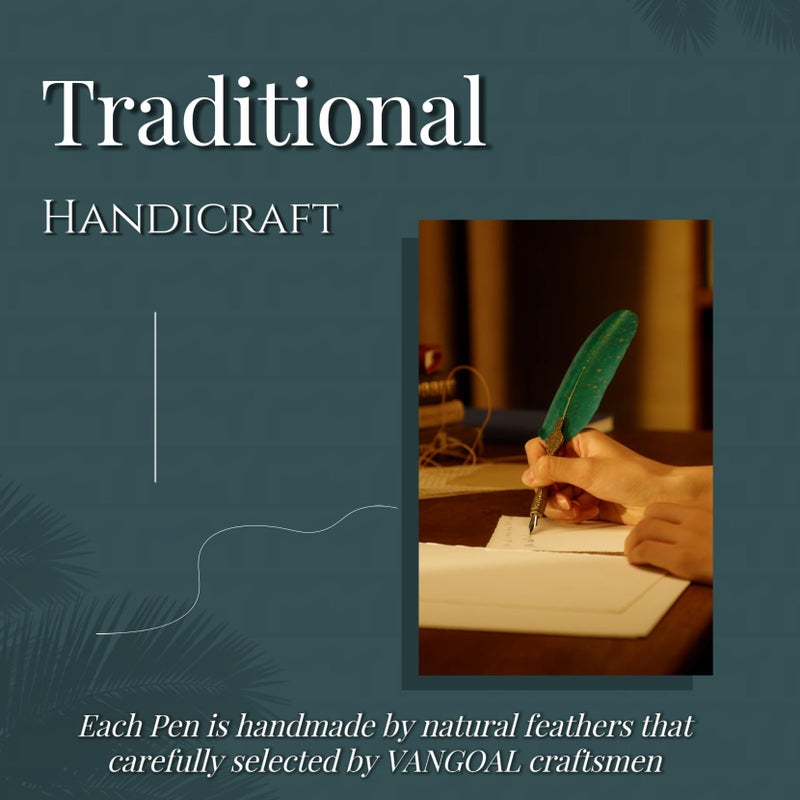 VANGOAL Peacock Feather Pen and Ink Set with Gift Box, Vintage Quill Pen for Writing, Calligraphy Pen Set for Office Supplies, Birthday, Wedding, Christmas Gift (Green - Peacock Feathers) - Image 2