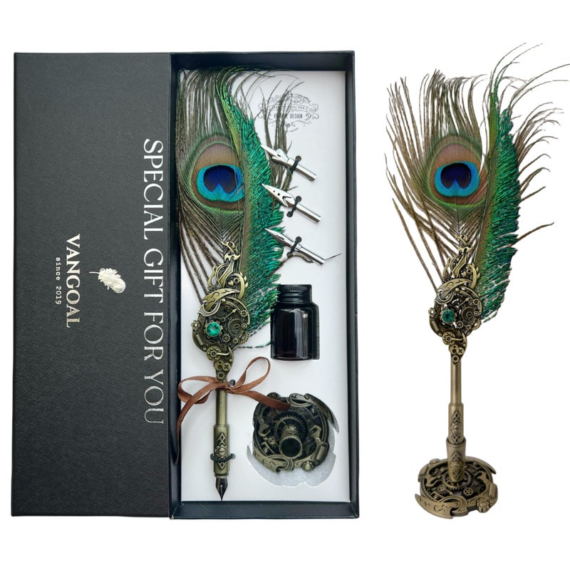 VANGOAL Peacock Feather Pen and Ink Set with Gift Box, Vintage Quill Pen for Writing, Calligraphy Pen Set for Office Supplies, Birthday, Wedding, Christmas Gift (Green - Peacock Feathers) - Image 1