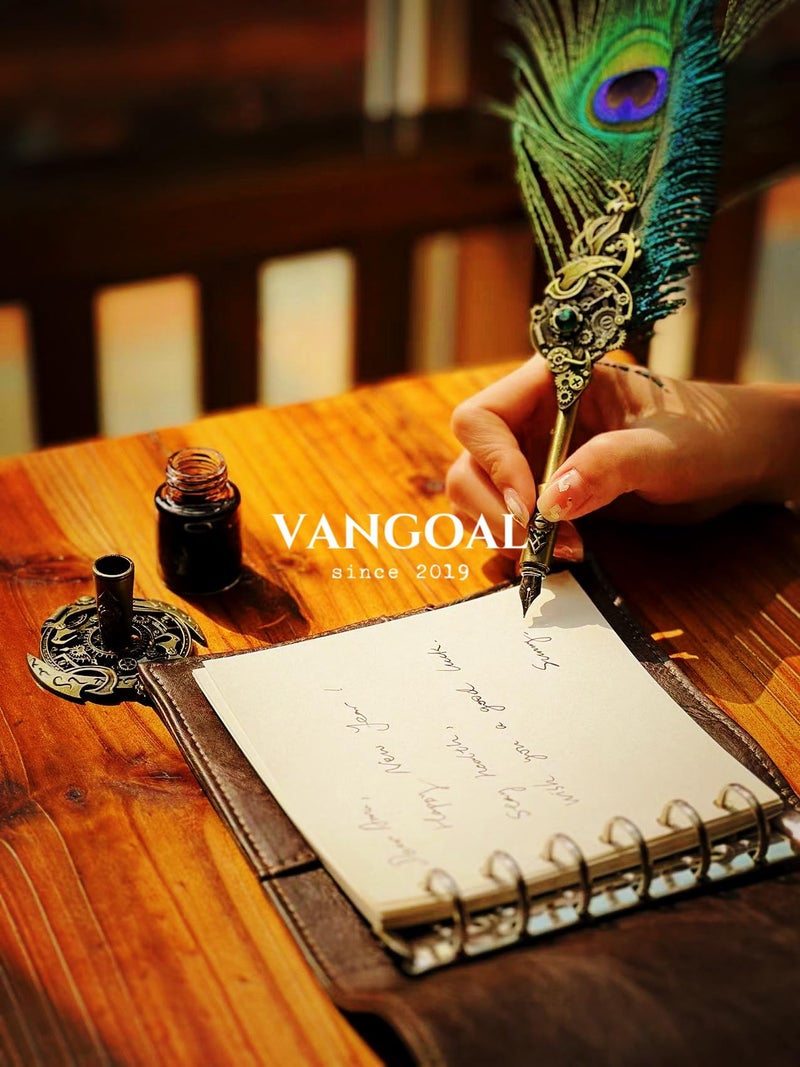 VANGOAL Peacock Feather Pen and Ink Set with Gift Box, Vintage Quill Pen for Writing, Calligraphy Pen Set for Office Supplies, Birthday, Wedding, Christmas Gift (Green - Peacock Feathers) - Image 3