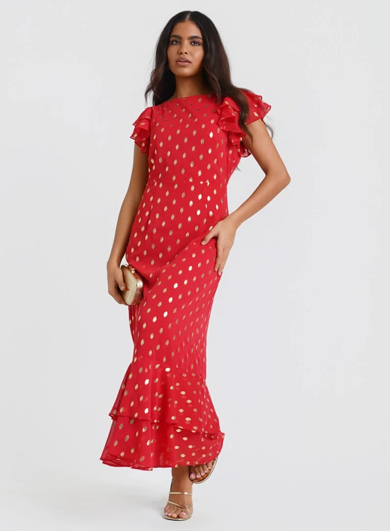 Red Flutter Sleeve Foil Maxi Dress