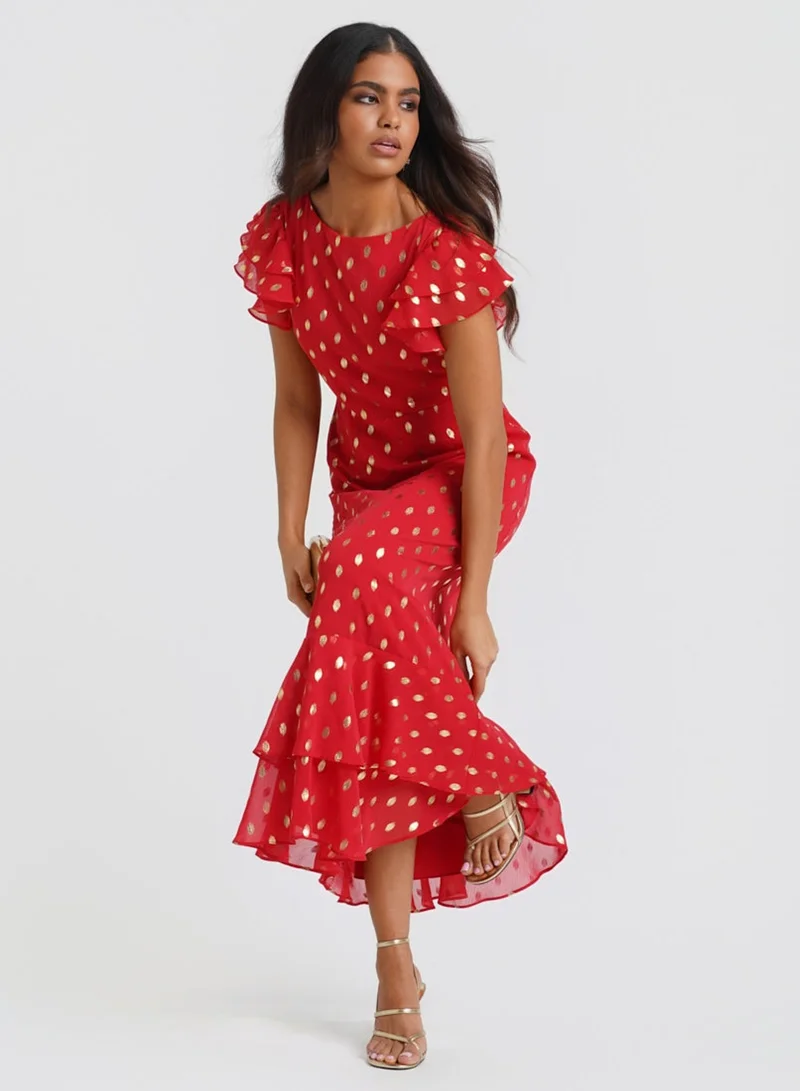 Needs No Label Red Flutter Sleeve Foil Maxi Dress