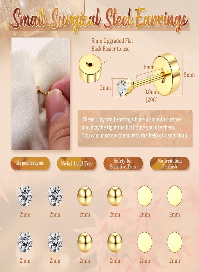 Yadoca Small Flat Back Earrings for Women Men - Hypoallergenic 14K Gold Plated Surgical Steel Screw Flat Back Stud Earrings Tiny Cartilage Earring Sets For Multiple Piercing 2/3/4mm 18pairs - Image 2