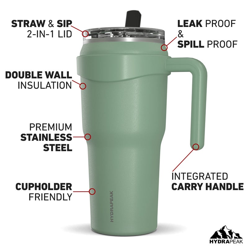 Hydrapeak Roadster 40oz Stainless Steel Tumbler Double Wall Vacuum Insulated Water Bottle With Handle And 2 in 1 Straw Lid (Sage) - Image 2