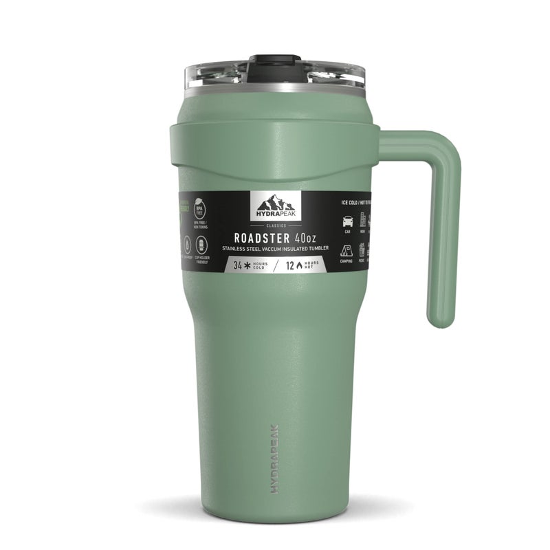 Hydrapeak Roadster 40oz Stainless Steel Tumbler Double Wall Vacuum Insulated Water Bottle With Handle And 2 in 1 Straw Lid (Sage) - Image 1