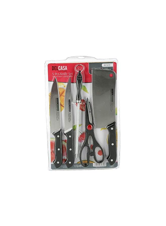 DELCASA 5Pc Knife Set With Wooden Cutting Board Kitchen Knife Set, 5 Pcs Kitchen Knife Set With Cutting Board, Dc1670  - Image 4