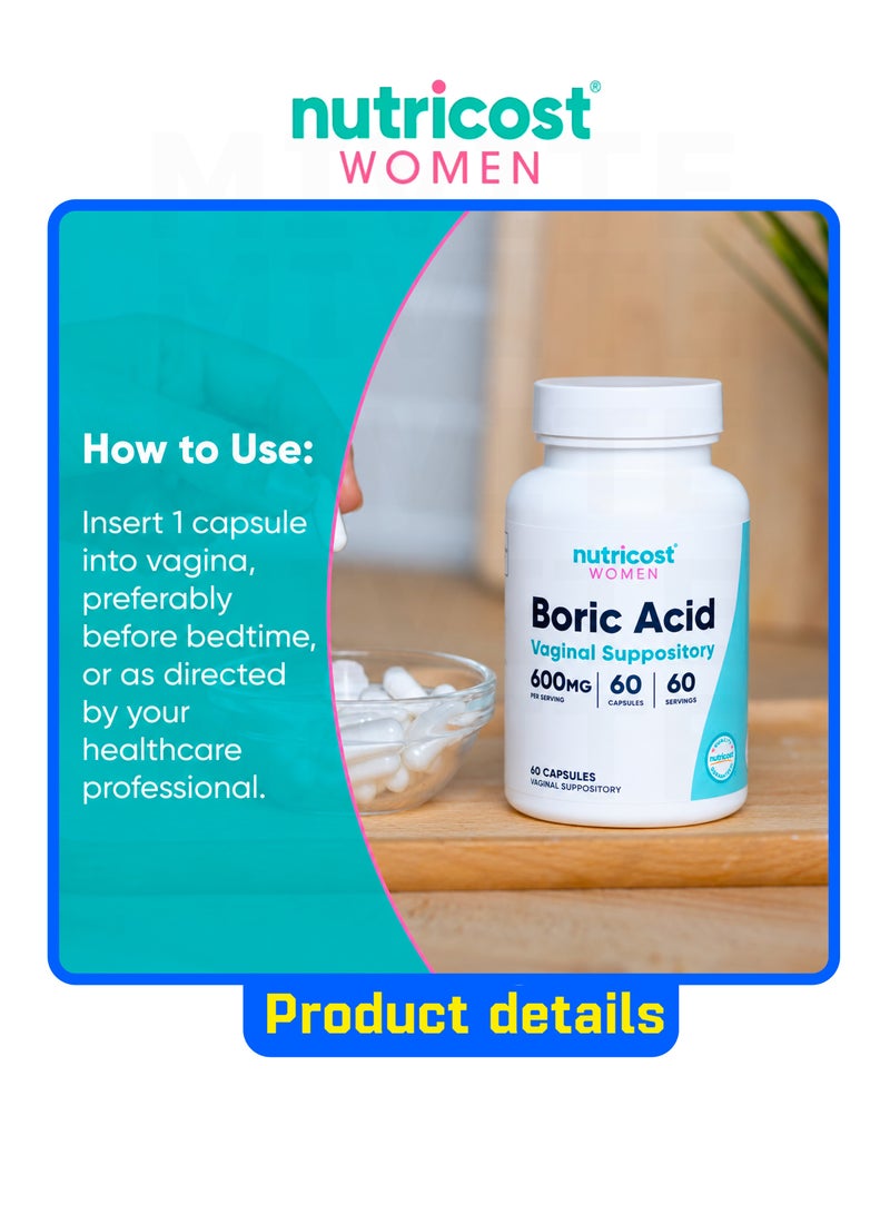 Nutricost Boric Acid 600mg, 60 Capsules - Vaginal Suppository - Non-GMO - for Women - Image 4