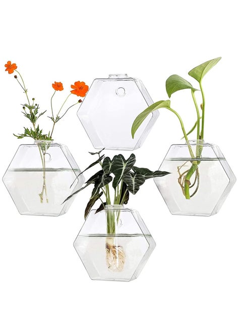 Wall Hanging Glass Planter, 4 Pack Hexagon Container, Air Pots Flower Vase Terrarium for Propagating Hydroponics Plants, Home Garden Office Decor