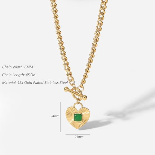 NUZON Natural Green Agate Heart Pendant Necklace for Women Chunky 18K Gold Plated Cuban Chain Toggle Clasp Sunburst Hearts Healing Stone Necklace Love&Hope Statement Jewelry 18'' - Image 4