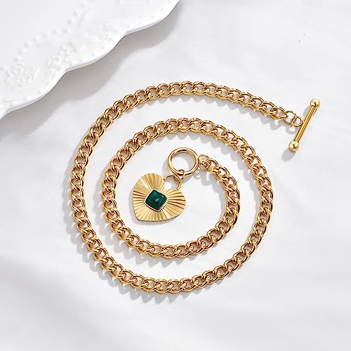 NUZON Natural Green Agate Heart Pendant Necklace for Women Chunky 18K Gold Plated Cuban Chain Toggle Clasp Sunburst Hearts Healing Stone Necklace Love&Hope Statement Jewelry 18'' - Image 5