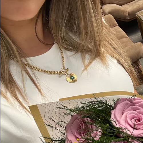 NUZON Natural Green Agate Heart Pendant Necklace for Women Chunky 18K Gold Plated Cuban Chain Toggle Clasp Sunburst Hearts Healing Stone Necklace Love&Hope Statement Jewelry 18'' - Image 3