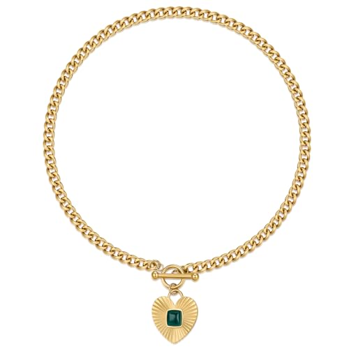 NUZON Natural Green Agate Heart Pendant Necklace for Women Chunky 18K Gold Plated Cuban Chain Toggle Clasp Sunburst Hearts Healing Stone Necklace Love&Hope Statement Jewelry 18'' - Image 1