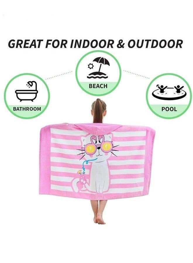 Kids Bath Hooded Towel Fit Girls And Boys Super Absorbent Cute Cartoon Animal Printed (Pink Cat)
