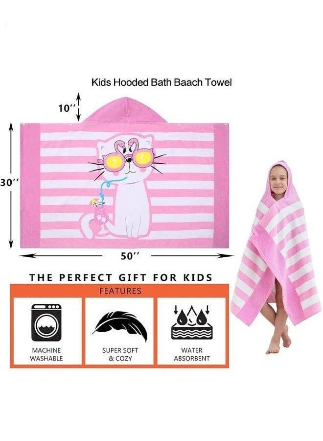 Kids Bath Hooded Towel Fit Girls And Boys Super Absorbent Cute Cartoon Animal Printed (Pink Cat)