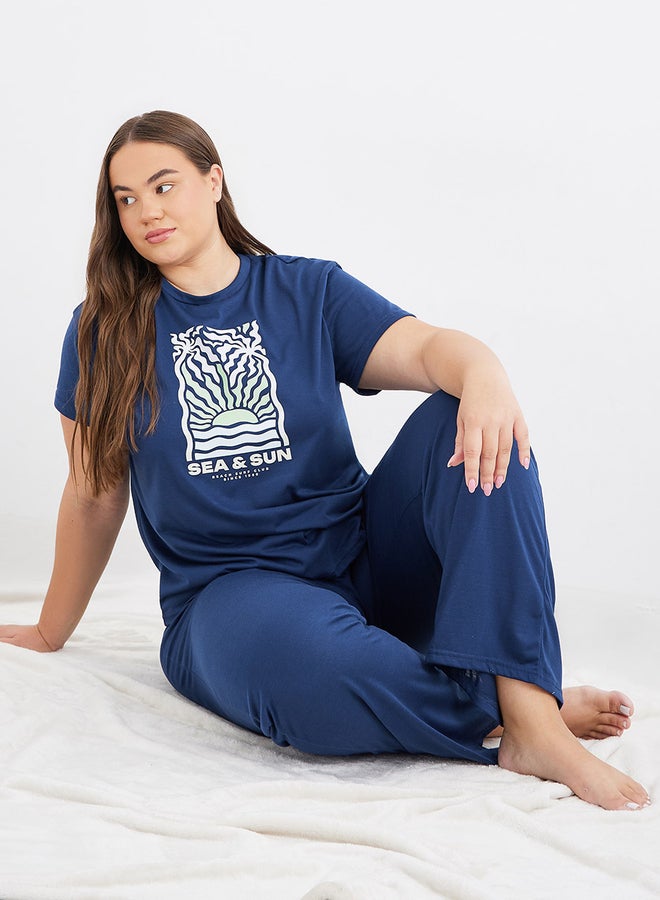 Styli Plus Sea Sun Graphic Dropped Shoulder T-Shirt and Pyjama Set - Image 1