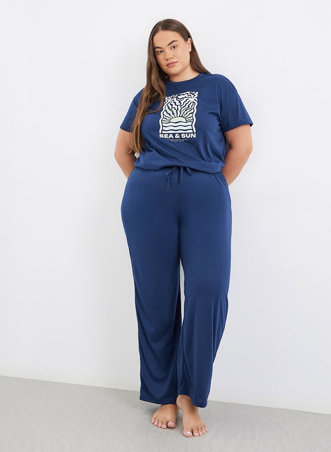 Styli Plus Sea Sun Graphic Dropped Shoulder T-Shirt and Pyjama Set - Image 2