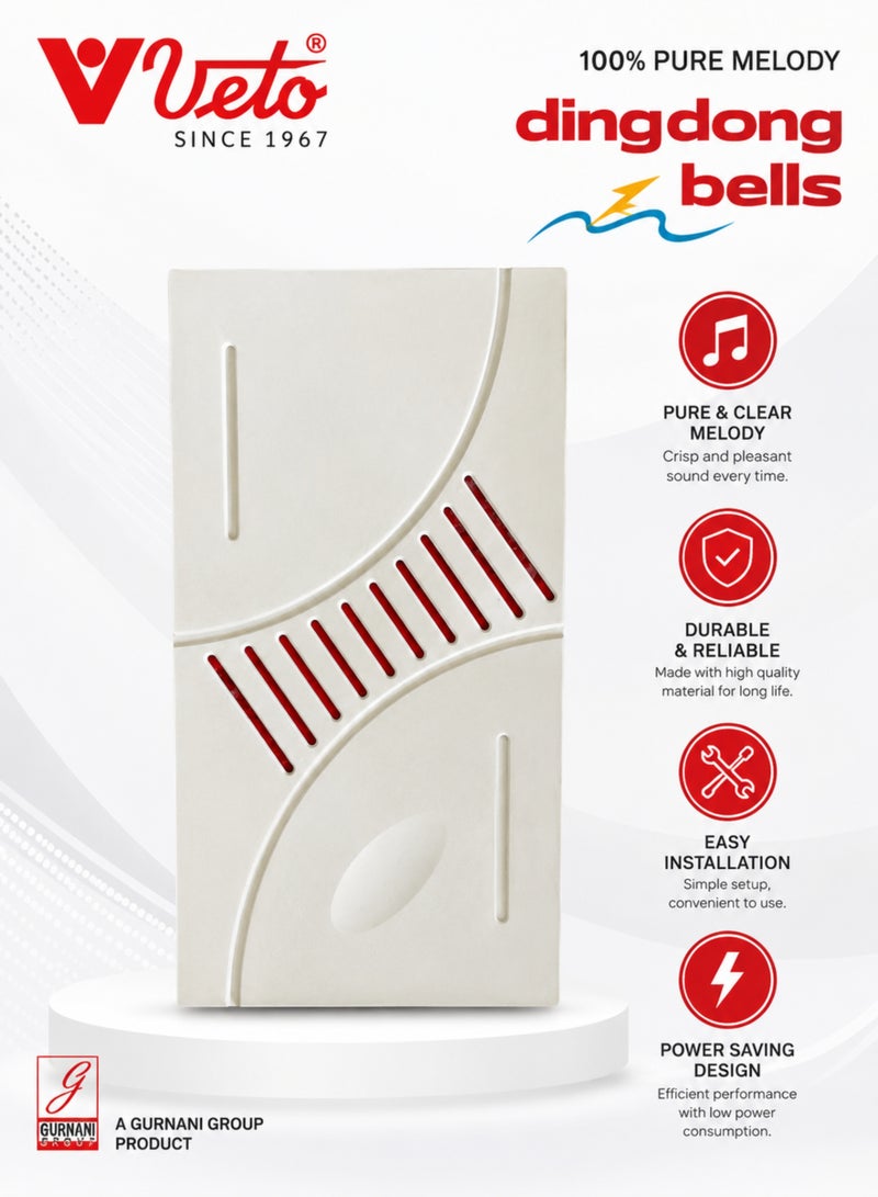Veto Wired Ding Dong Door Bell | 100% Pure Melody Electronic Door Chime | Wired Doorbell Buzzer | Clear & Loud Sound | Low Power Consumption | Easy Installation | White - Image 1