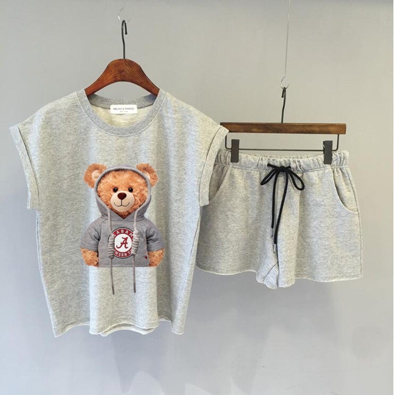 Summer 2024 Korean Casual T-Shirt Shorts Set Bear light gray 