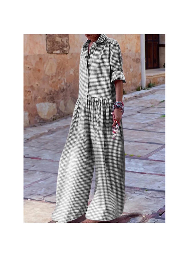 Generic European And American Cross-Border Shirt Collar Plaid Straight Wide-Leg Jumpsuit Women's Beach Swimsuit Cover-Up 23090016