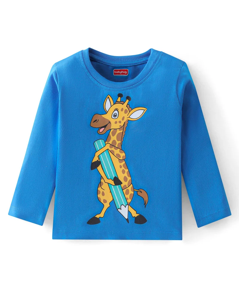 babyhug Babyhug 100% Cotton Knit Full Sleeves T-Shirt Giraffe Graphic - Blue