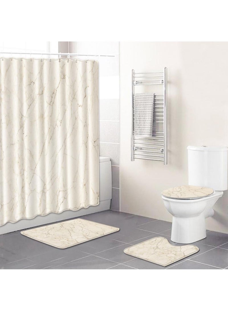 Bluejw 4PCS Printed Shower Curtain Set Polyester Material Marble Pattern Thickened Shower Curtain Set Includes Floor Mat Toilet Seat Cover Anti-skid Pad At The Bottom Of Toilet Ring And Shower C - Image 1