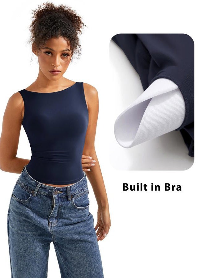 SUUKSESS Women Padded Open Back Boat Neck Tank Tops Double Lined Basic Shirts, Navy, S - Image 2