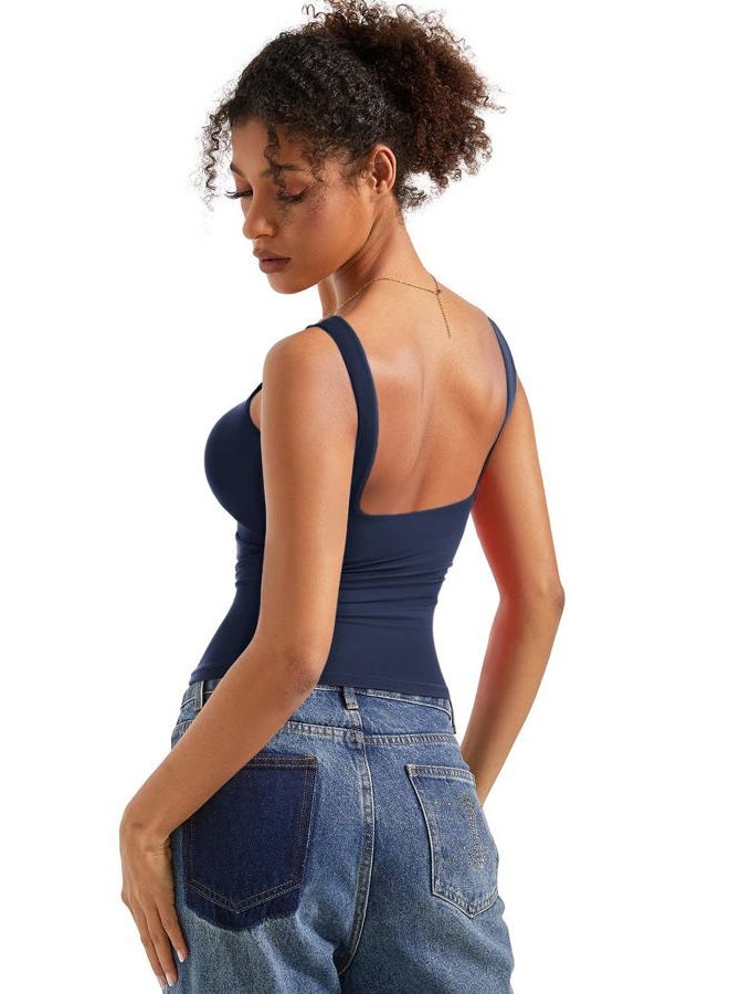 SUUKSESS Women Padded Open Back Boat Neck Tank Tops Double Lined Basic Shirts, Navy, S - Image 3