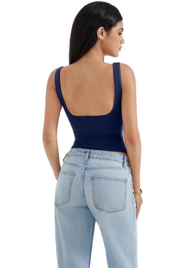 SUUKSESS Women Padded Open Back Boat Neck Tank Tops Double Lined Basic Shirts, Navy, S - Image 4