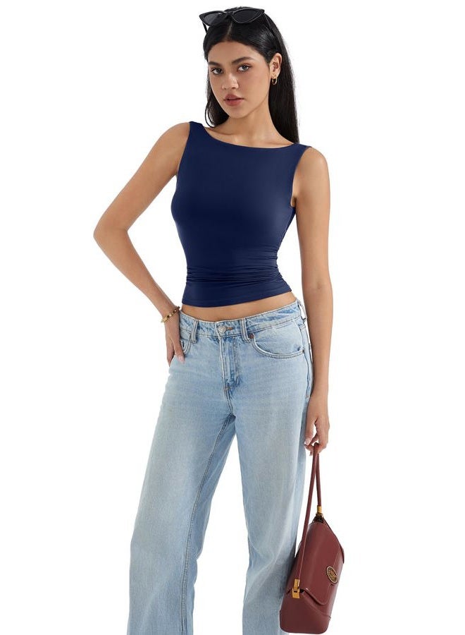 SUUKSESS Women Padded Open Back Boat Neck Tank Tops Double Lined Basic Shirts, Navy, S - Image 5