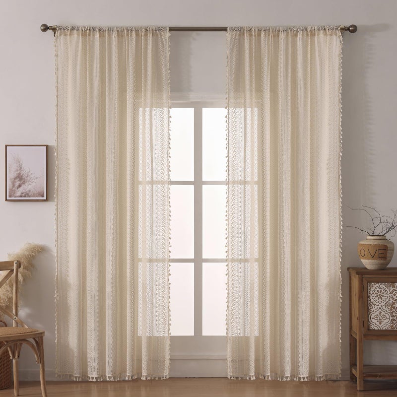 WAZZIO 80 Inch Vintage Sheer Curtains for Farmhouse - Privacy Non See Through Lace Crochet Curtain with Tassel Trim, Rod Pocket Window Treatments for Living Room,Bedroom (Set of 2 Panels,W59 xL80) - Image 3