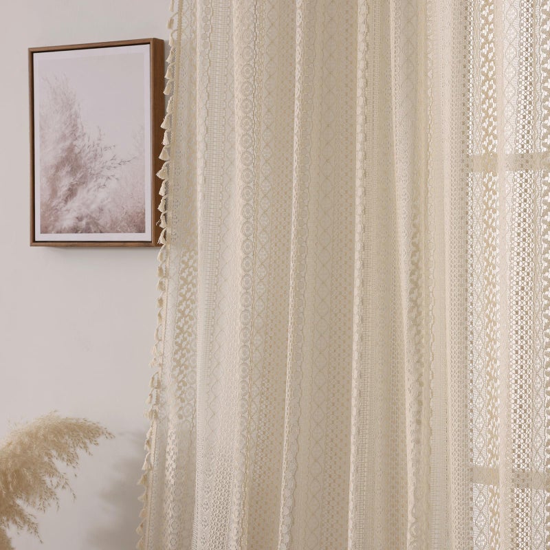 WAZZIO 80 Inch Vintage Sheer Curtains for Farmhouse - Privacy Non See Through Lace Crochet Curtain with Tassel Trim, Rod Pocket Window Treatments for Living Room,Bedroom (Set of 2 Panels,W59 xL80) - Image 5