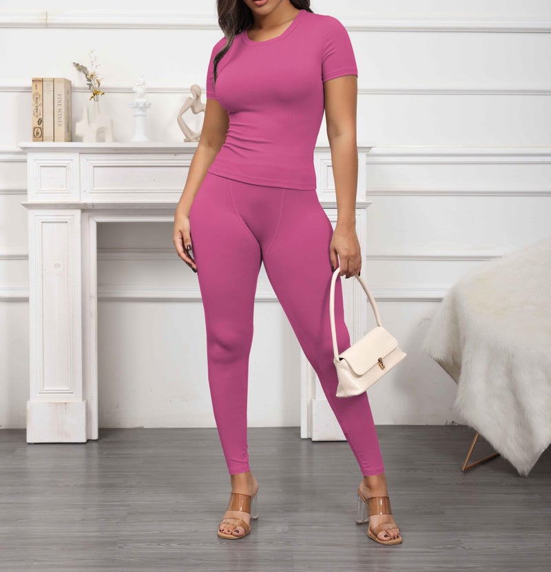 PINSV 2 Piece Sets for Women Summer Casual Jogger Workout Outfits Fitted Crew Neck T-shirt High Waist Legging Sets Pink XL - Image 5