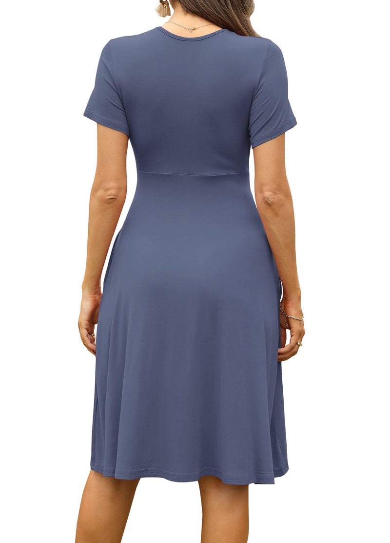 WEACZZY Womens Summer Casual Dress Short Sleeve V-Neck Knee Length Dresses for Women,Purple Gray,L - Image 4