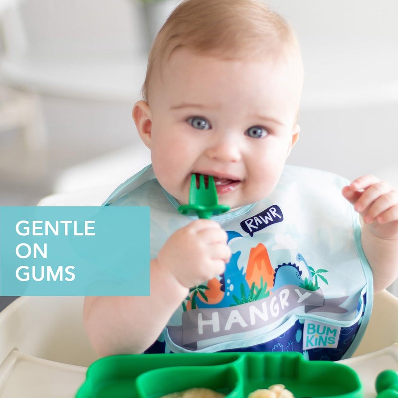 Bumkins Baby Utensils Set, Chewtensils Silicone Spoons for Dipping, Self-Feeding, Baby Led Weaning, Trainer Learning, First Stage Eating, Soft Practice Fork and Spoon, Babies 6 Months, Jade Green - Image 4