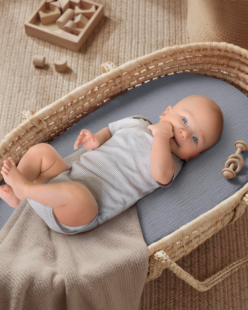 Blissful Diary Muslin Bassinet Sheets for Baby Girls Boys, Boho Soft Cotton Fitted for Oval Hourglass Rectangle Mattress, 2 Pack(Light Blue&Grey) - Image 5