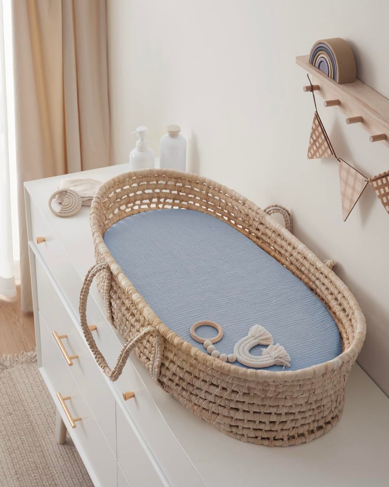 Blissful Diary Muslin Bassinet Sheets for Baby Girls Boys, Boho Soft Cotton Fitted for Oval Hourglass Rectangle Mattress, 2 Pack(Light Blue&Grey) - Image 4