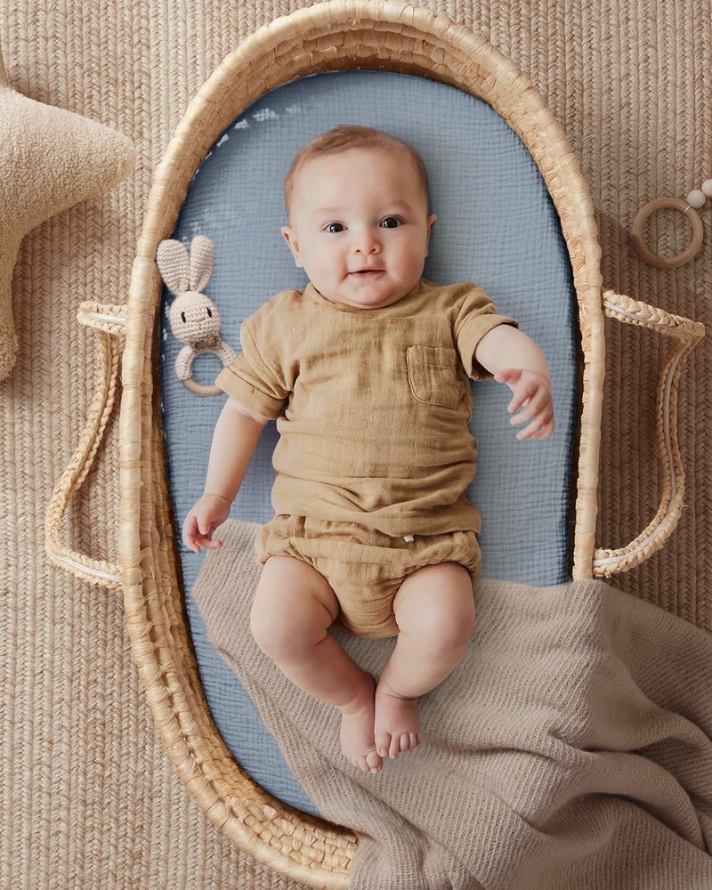 Blissful Diary Muslin Bassinet Sheets for Baby Girls Boys, Boho Soft Cotton Fitted for Oval Hourglass Rectangle Mattress, 2 Pack(Light Blue&Grey) - Image 3