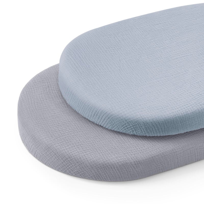 Blissful Diary Muslin Bassinet Sheets for Baby Girls Boys, Boho Soft Cotton Fitted for Oval Hourglass Rectangle Mattress, 2 Pack(Light Blue&Grey) - Image 1