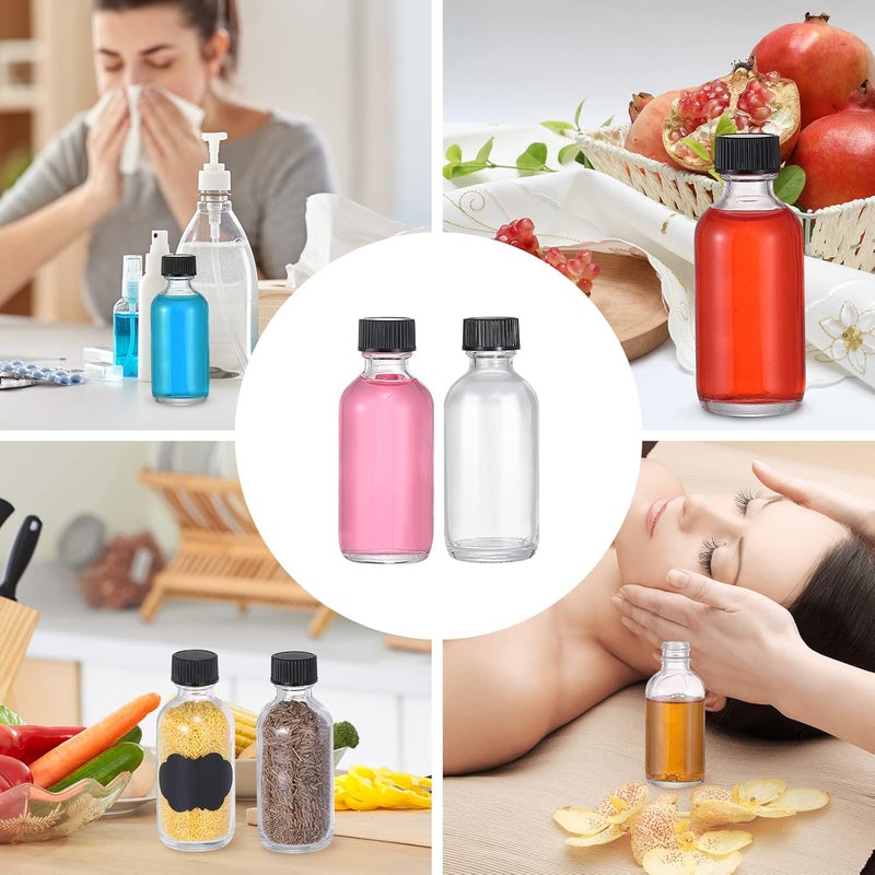 VEIDIA 72 زجاجات صغيرة شفافة سعة 2 أونصة مع أغطية زجاجات عينة دائرية بوسطن للزيوت الأساسية صلصة الفلفل الحار العصير الويسكي البوربون السائل تأتي مع 5 قمع، 5 قطارات، 72 ملصق، 1 فرشاة و قلم طباشير - Image 5