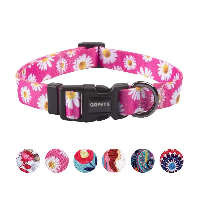 QQPETS Adjustable Soft Dog Collar: Print Flower Pink Multicolor Cute Patterns for XS Small Medium Large Pet Girl Boy Puppy Walking Running Training (S, Small Daisies) - Image 1