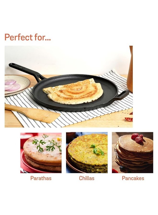 Meyer Pre-Seasoned Cast Iron Flat Dosa, Roti, Chapati Tawa Pan with Stick Handle, Dosa Kallu, Iron Tawa Big Size, Gas and Induction Compatible | 28cm, Black - Image 4
